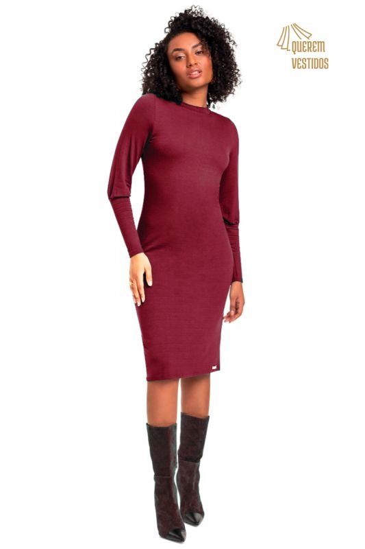 Vestido Midi Vinho Em Viscose Trabalhada Manga Longa Cereja Rosa