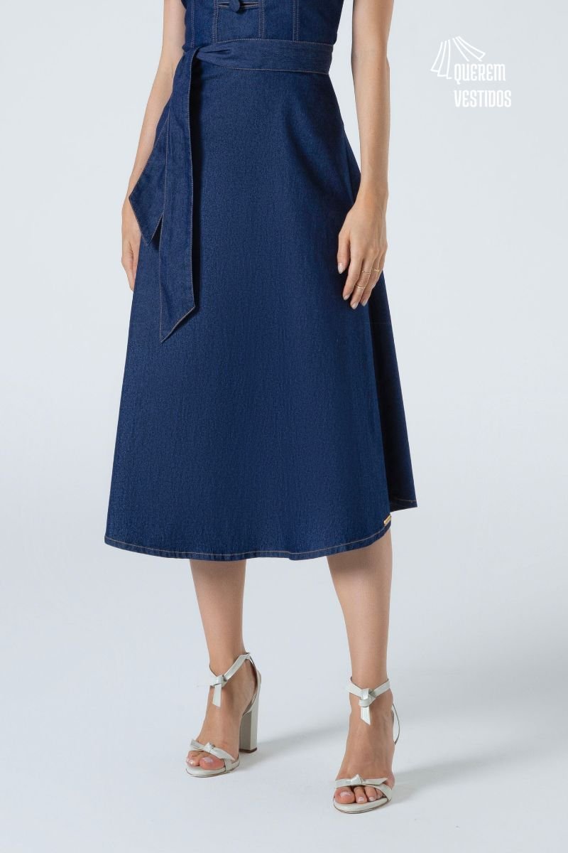 Vestido Jeans Godê Com Decote Quadrado Laura Rosa