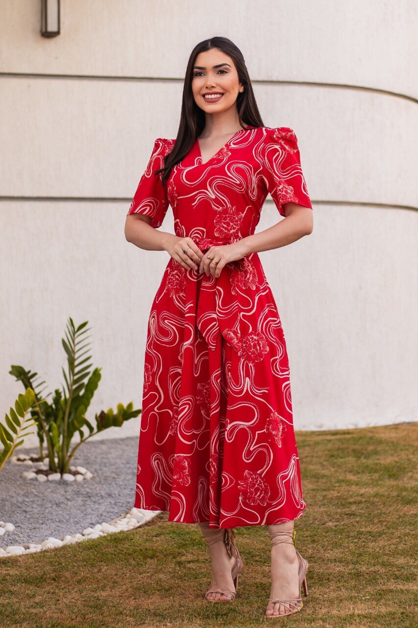 Vestido Midi Vermelho Estampa Floral Em Crepe Titanium Jeans