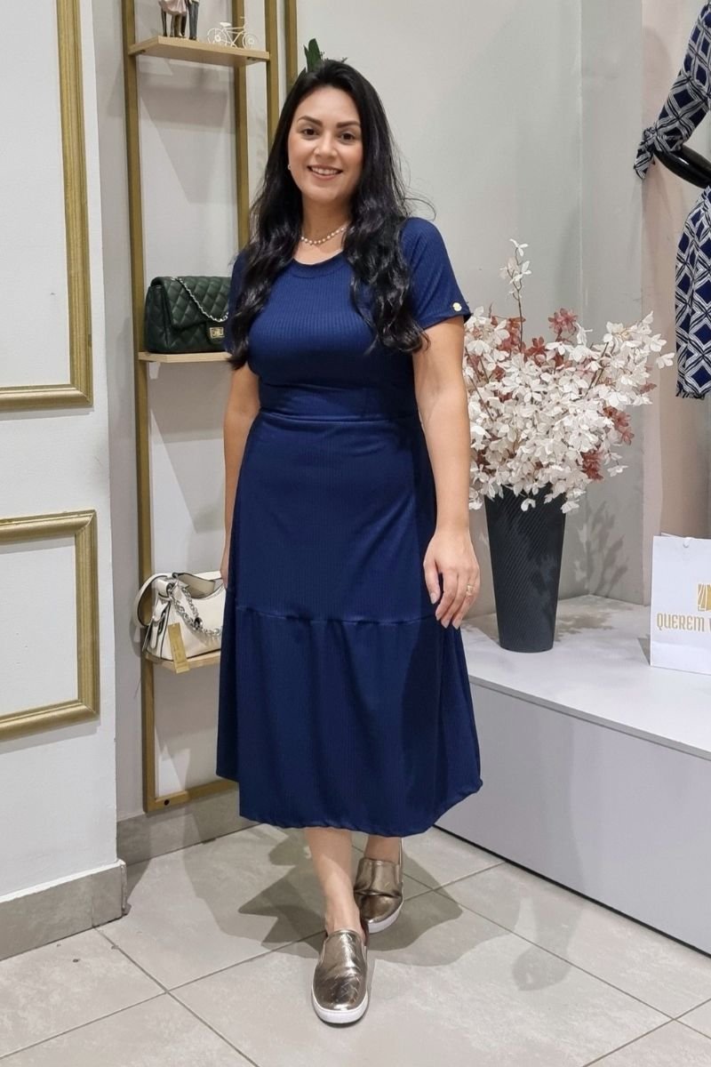 Vestido Midi Helena em Malha Canelada Azul Marinho Querem Vestidos