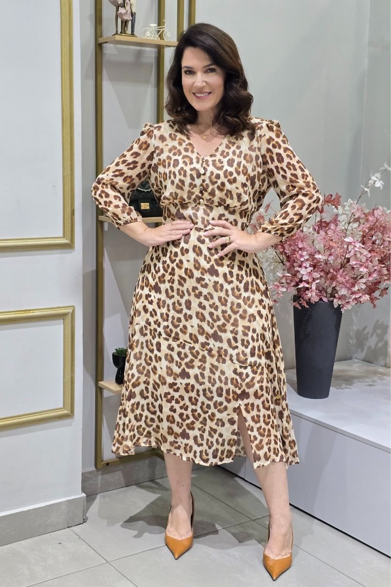 Vestido Lucila Animal Print Onça em Crepe Georgette – Querem Vestidos - Main Image